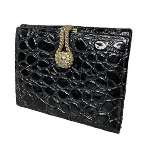 Vintage Black Croc Crocodile Genuine Leather Women’s Wallet w/Decorative Clasp